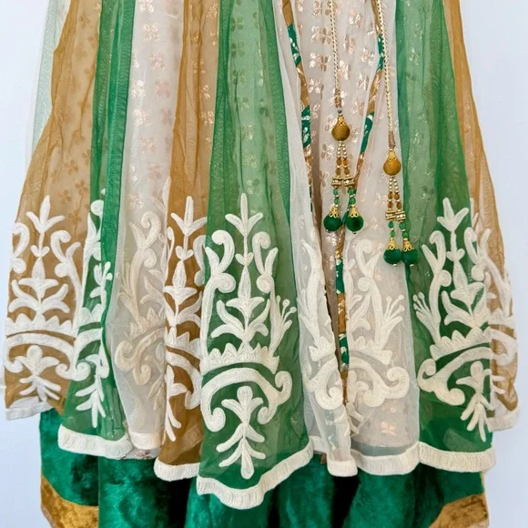 Indian Gold and Green embroidered Dress. Medium.